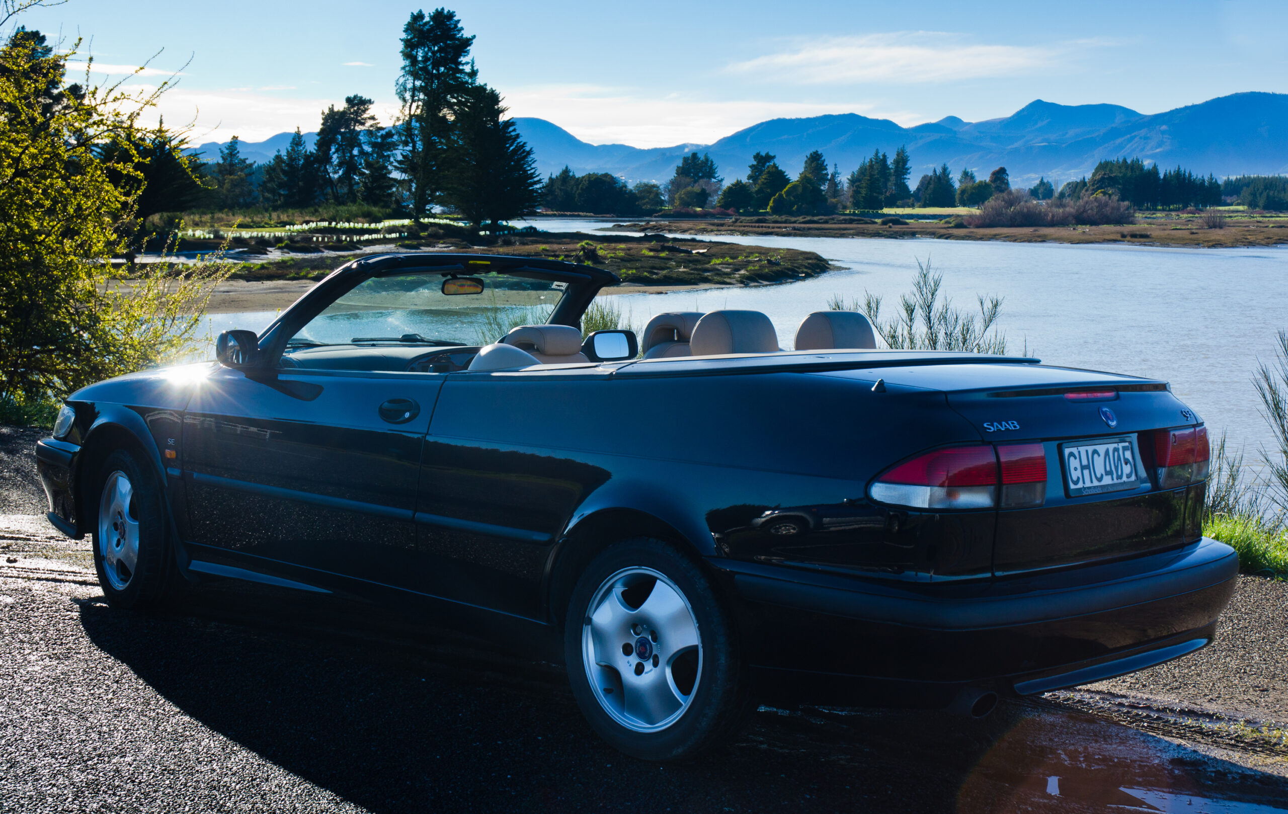 Saab convertible car hire, Rabbit Island, Nelson