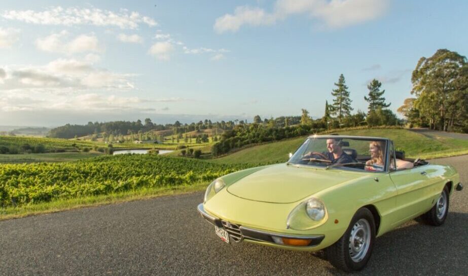 Alfa Spider S2 Rent a classic alfa spider couple overlooking nelson vineyard