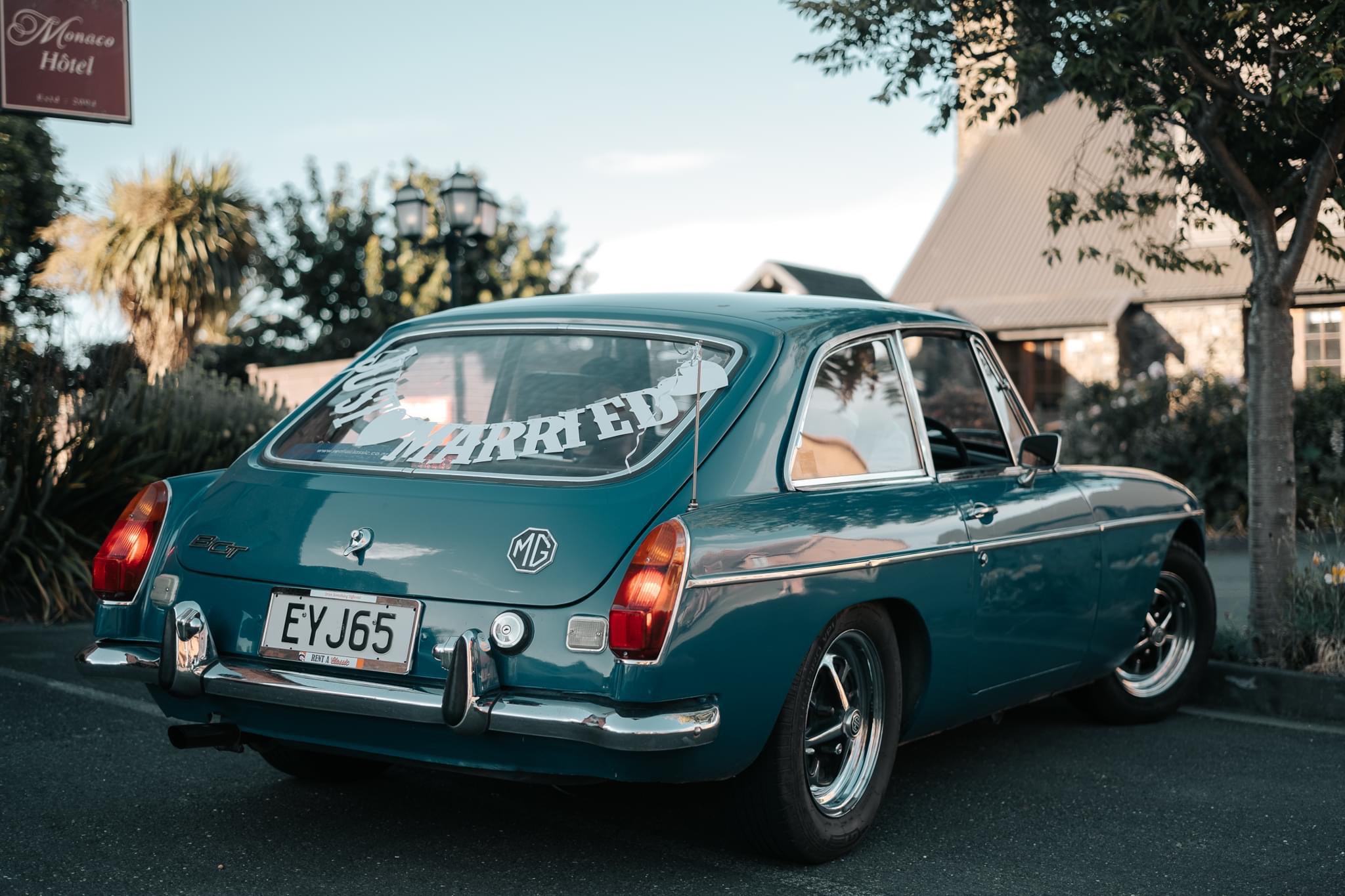 RentAclassics 1972 MG BGT with Just Married sign on back