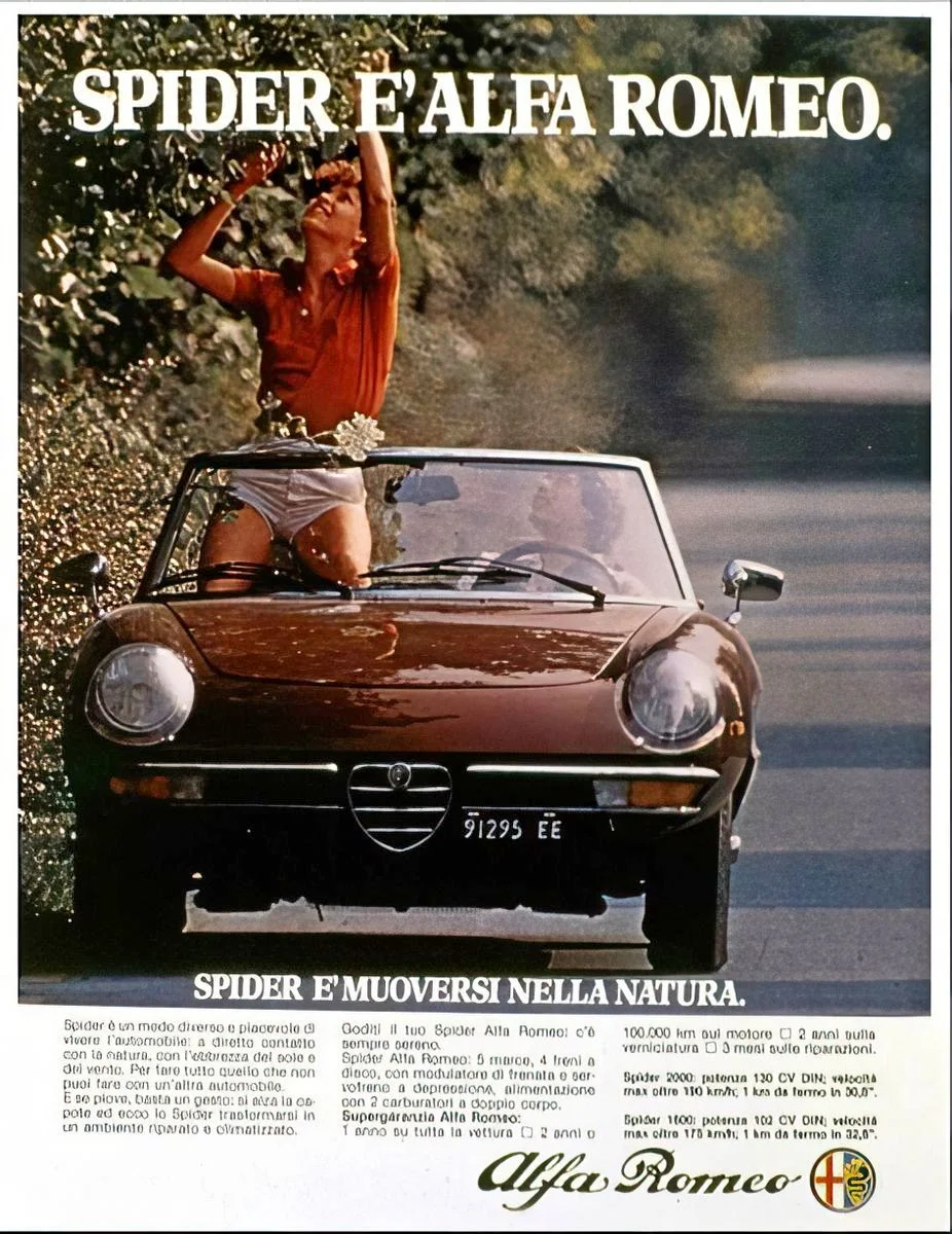 Italian advert for 1975 Alfa Romeo Spider with girl standing up in car reaching for fruit on a tree