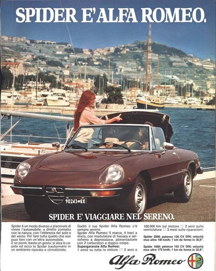 Italian advert for 1975 Alfa Romeo Spider with girl standing up folding roof on car by sea