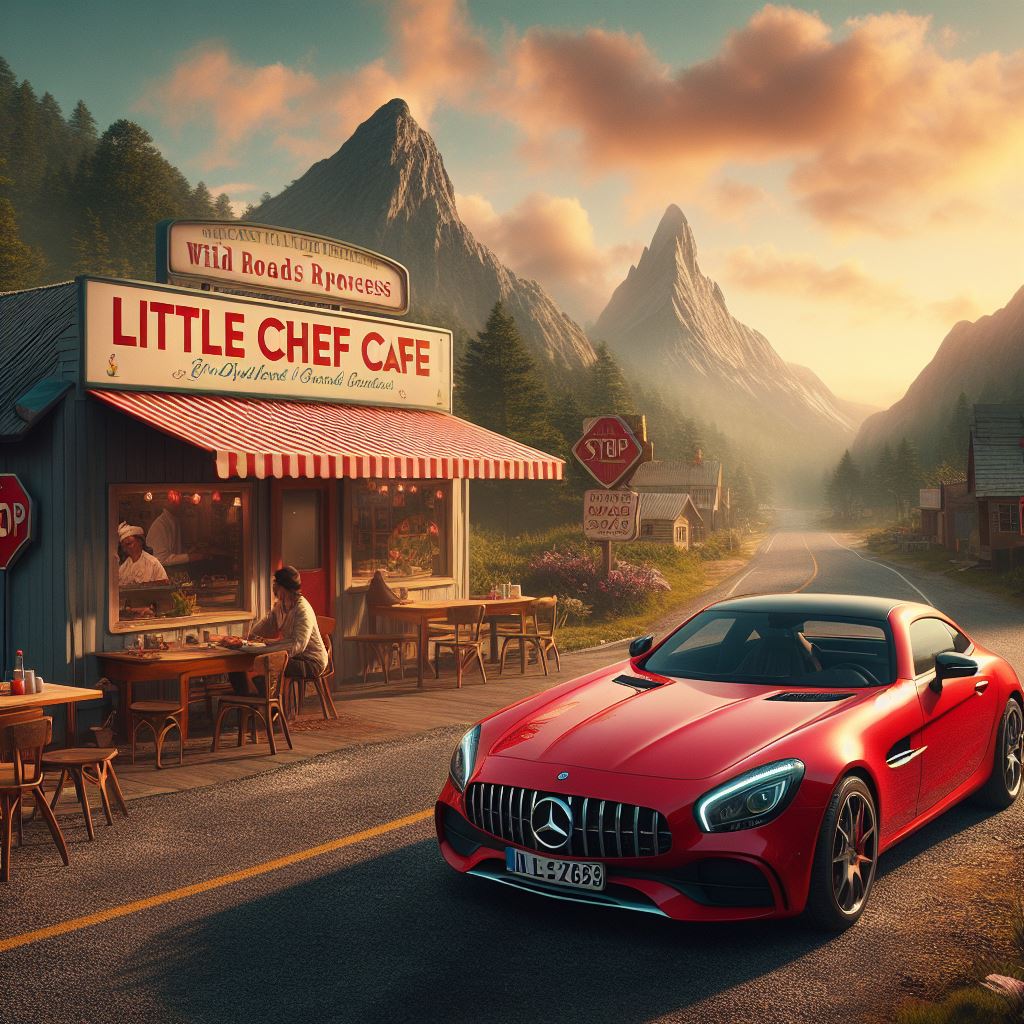 Mercedes SLK by Little Chef Roadside Cafe in New Zealand AI generated