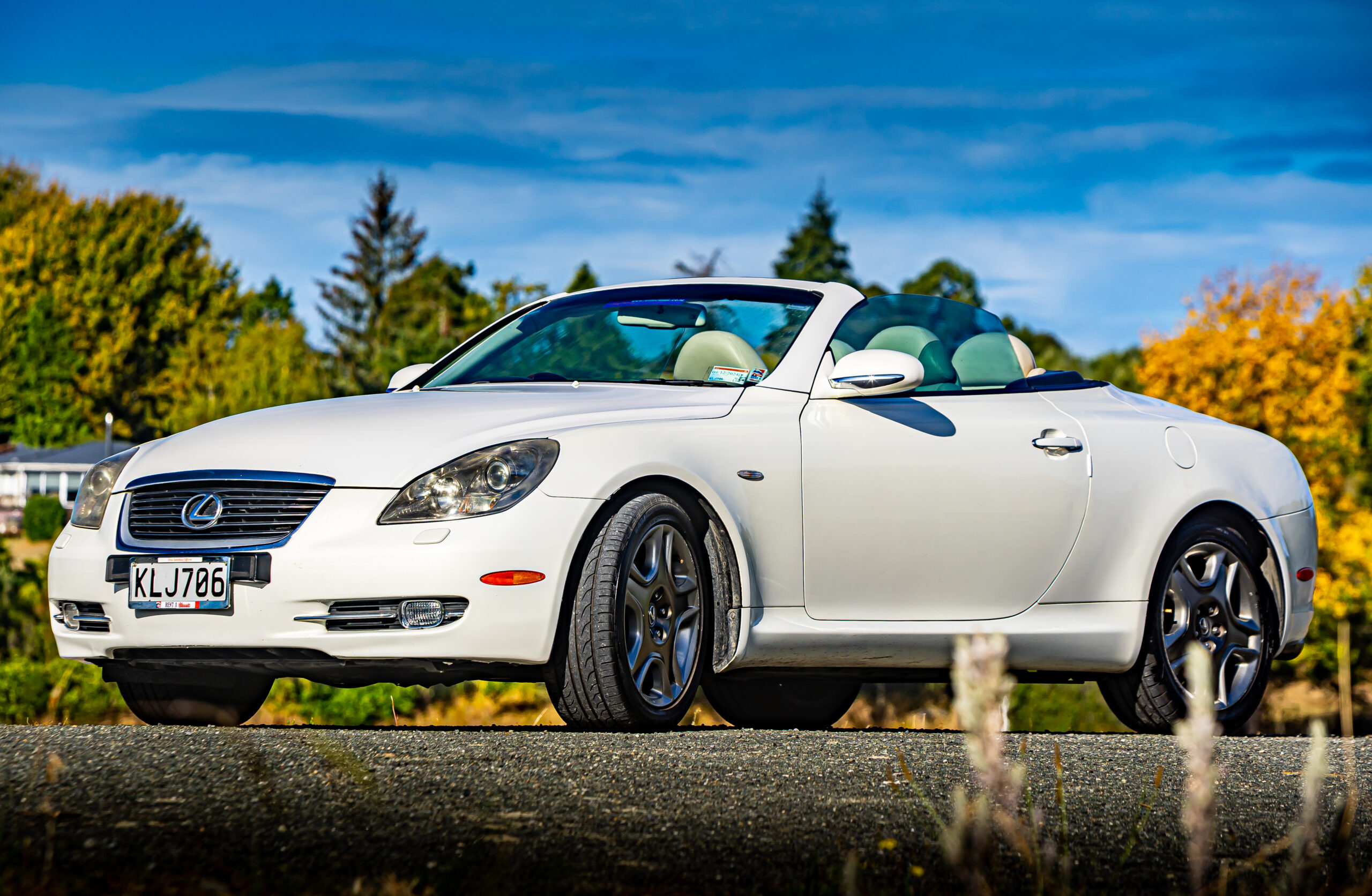 RentAClassics white Lexus SC430 convertible roof down