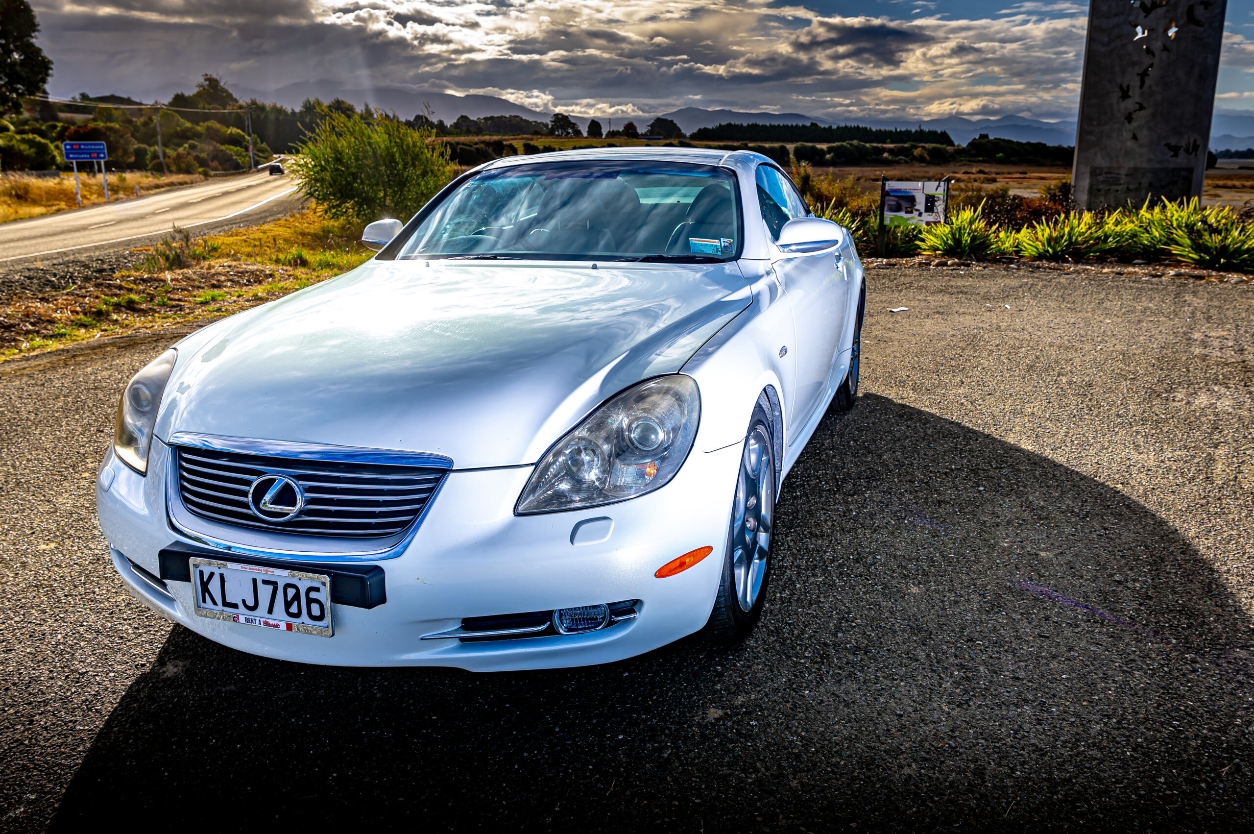 RentAClassics Lexus SC430 front three quarters moody shot